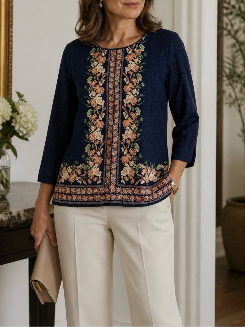 JM Collection Navy Floral Print Tunic 3/4 Sleeve Stretch Blouse Size PXL (16-18)